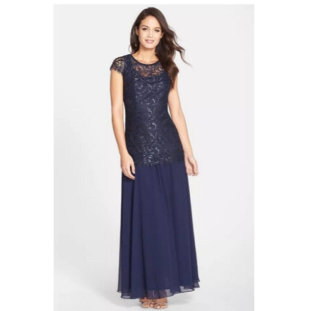 Alex Evenings Metallic Lace & Chiffon Gown (Size 14)